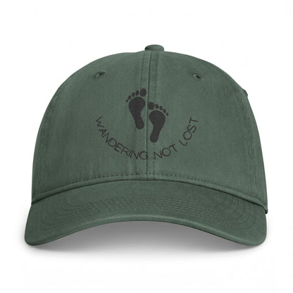 Coastal Washed Cap – "Wandering Not Lost" Embroidered Beach Hat