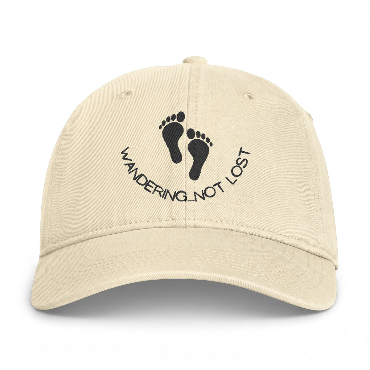Coastal Washed Cap – "Wandering Not Lost" Embroidered Beach Hat