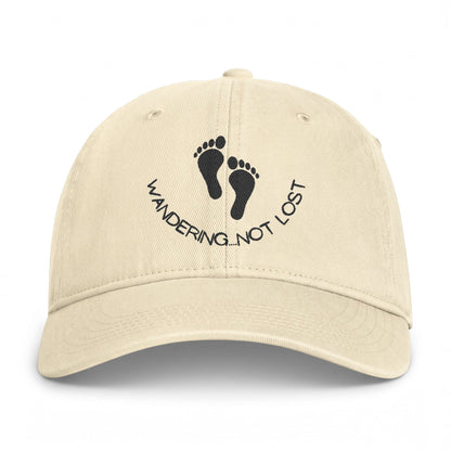Coastal Washed Cap – "Wandering Not Lost" Embroidered Beach Hat