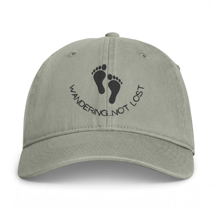 Coastal Washed Cap – "Wandering Not Lost" Embroidered Beach Hat